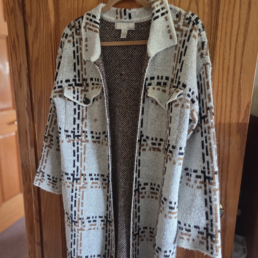 Open-Front Plaid Knit Cardigan long-Jacket in Cream and Brown